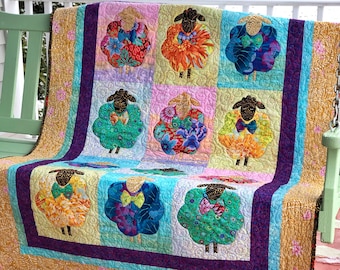 Showy Sheep Quilt Pattern Final Quilt Size 45" x 65.75" By: Katie Rosa / Bloom Fabric, Art & Retreat Designs, Colorful Sheep with Bowties