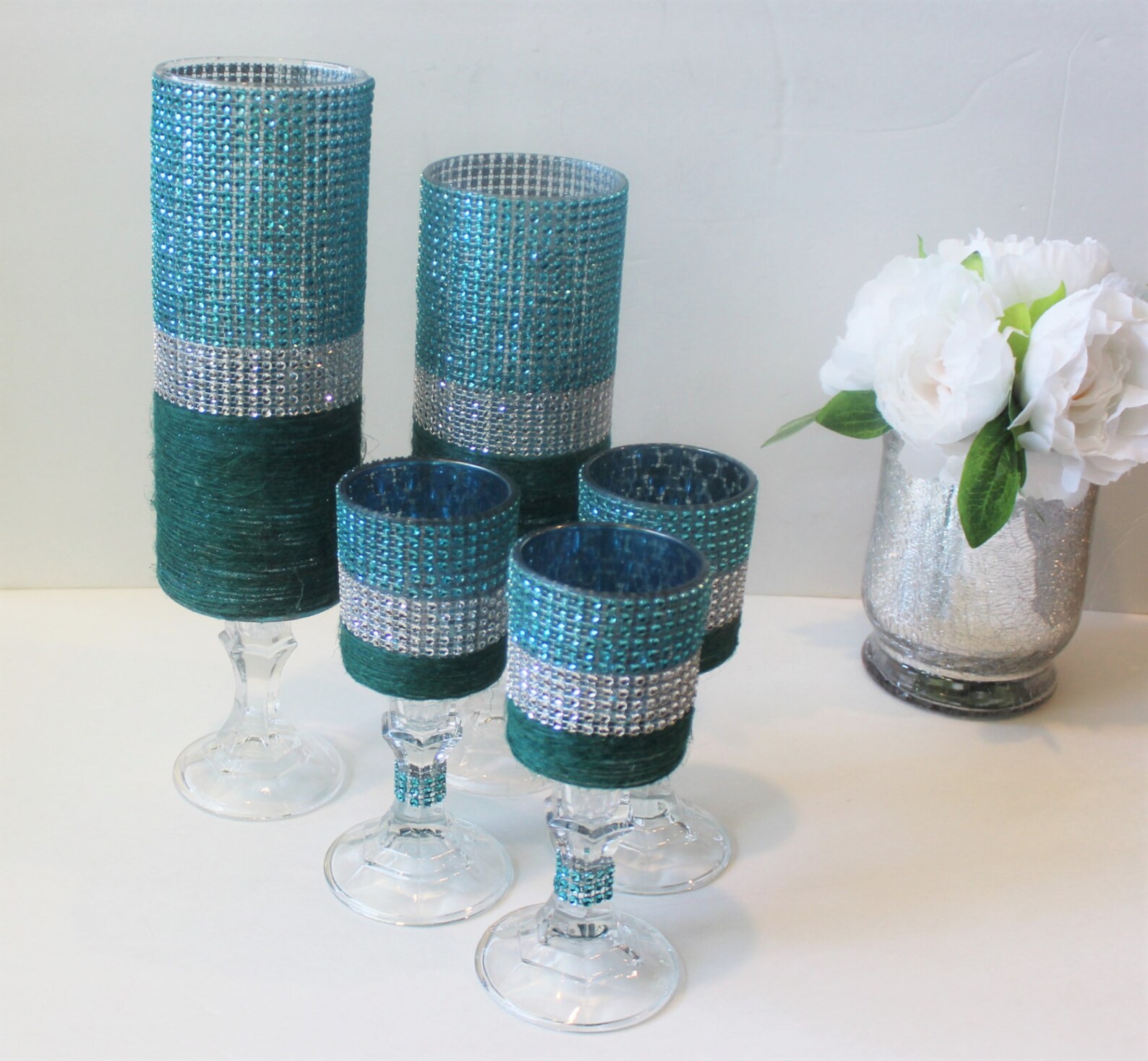 Bling Candle Holder Set , Turquoise/robin Egg/aqua Blue/green and