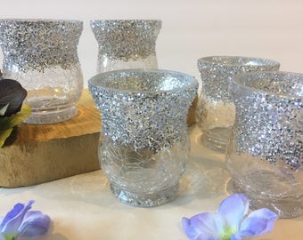 Wedding Candle Holder,Votive Holder,Silver Glitter Votives,Table Candle Holder Centerpiece,Glass Votive Holder -Silver Glitter Candles