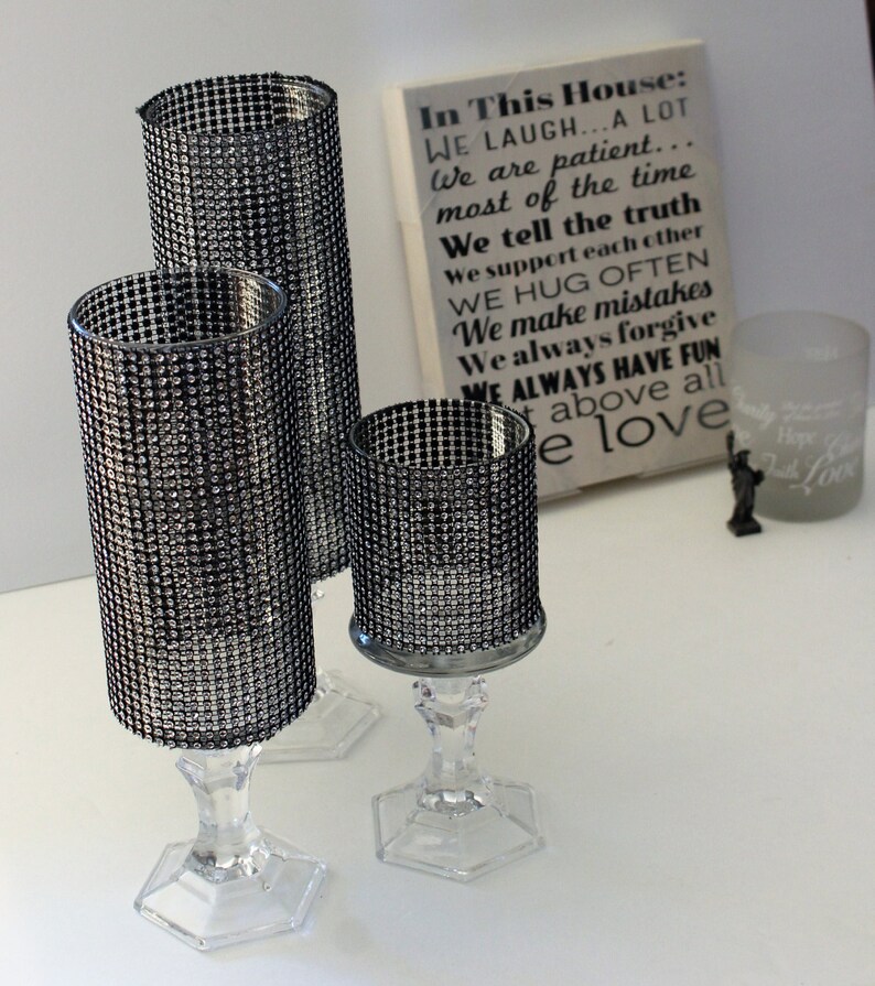 Set of 3 Black Tall Crystal Rhinestone candle holders glass Etsy
