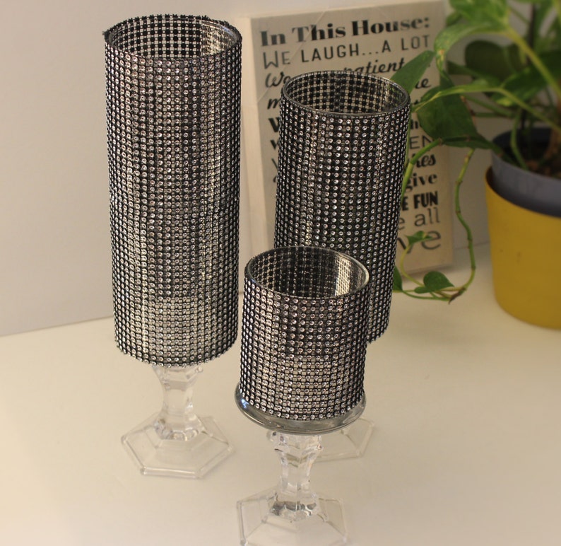 Set of 3 Black Tall Crystal Rhinestone candle holders glass Etsy