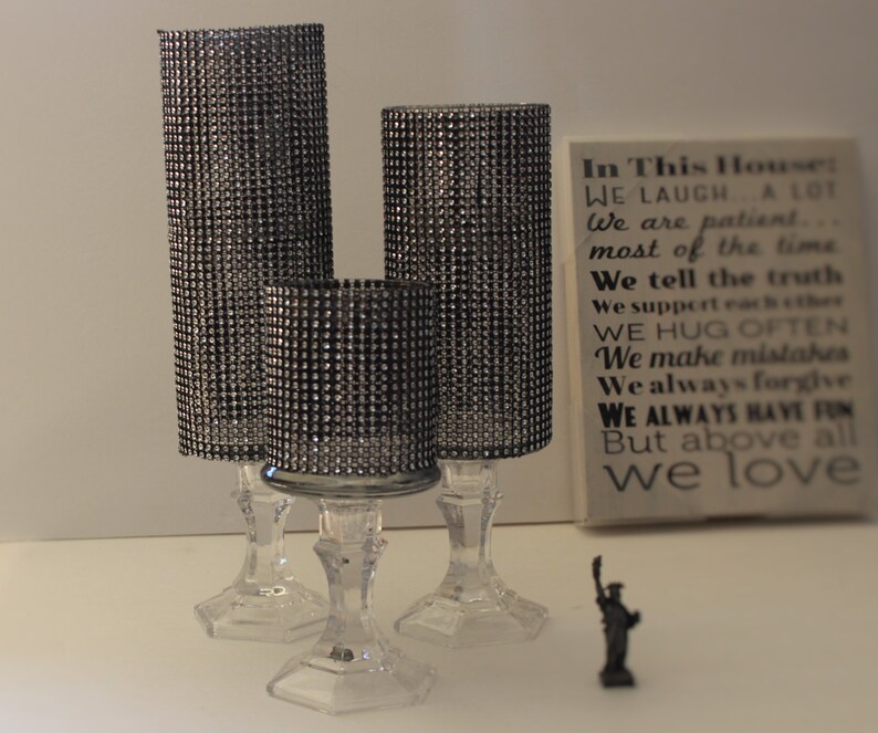 Set of 3 Black Tall Crystal Rhinestone candle holders glass Etsy