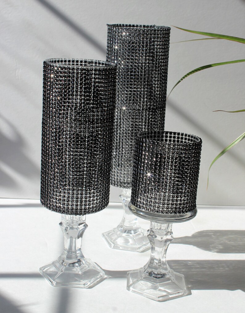 Set of 3 Black Tall Crystal Rhinestone candle holders glass Etsy