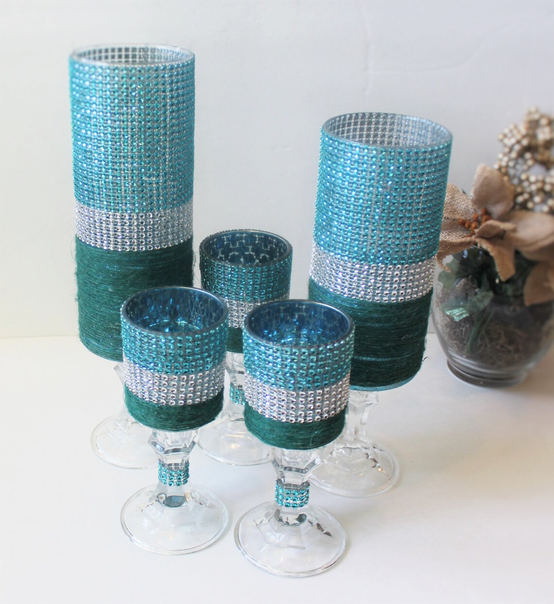 Bling Candle Holder Set , Turquoise/robin Egg/aqua Blue/green and