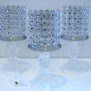 Set of 5 tall glass candle holder wedding centerpiece ,Bling candle holder ,Tall Rhinestone candle holders ,silver Bling tall candle holder