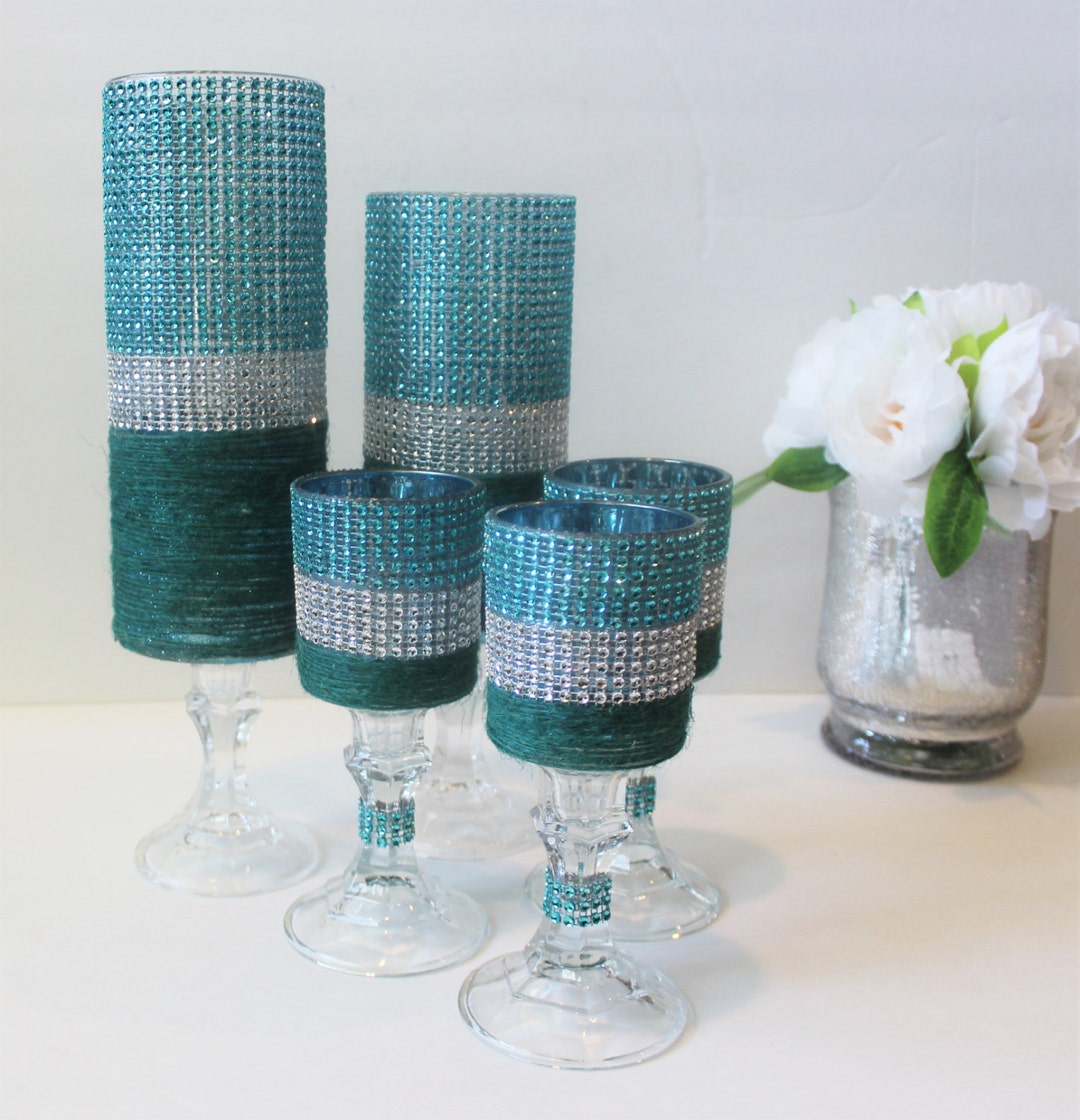 Bling Candle Holder Set , Turquoise/robin Egg/aqua Blue/green and