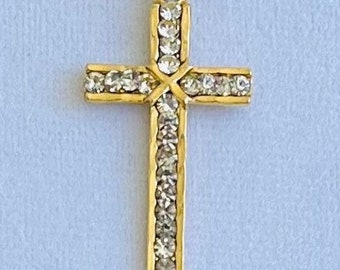 Vintage cross necklace, 1 1/4 inch long gold plated cross with CZ gemstones and comes with a 14k gold filled snake chain