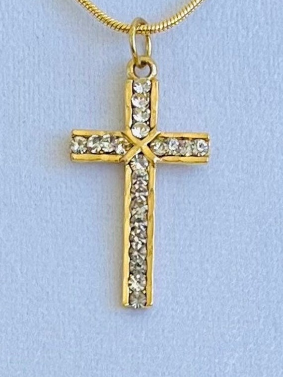 Vintage cross necklace, 1 1/4 inch long gold plat… - image 1