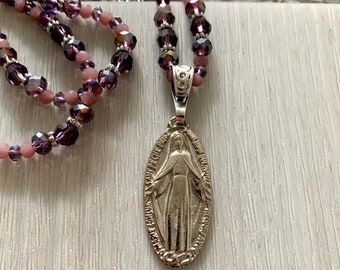 Beaded Miraculous Medal necklace, French Miraculous Medal with purple bead necklace, 1 1/2" long medallion with a 31" long bead necklace