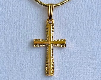 Vintage child's cross, small ladies layering cross necklace, dainty 7/8 inch long gold plated cross with a new 2mm snake chain