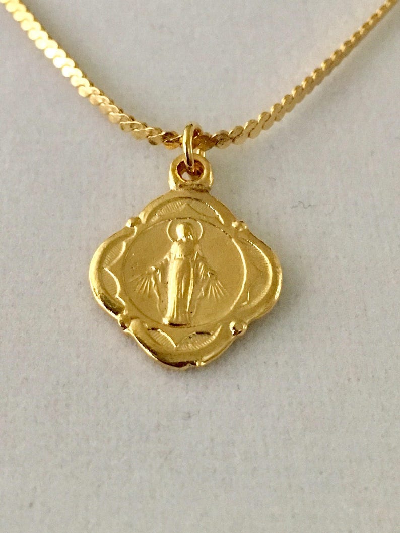 Vintage Miraculous Medal Necklace Marian Small Gold Image 0