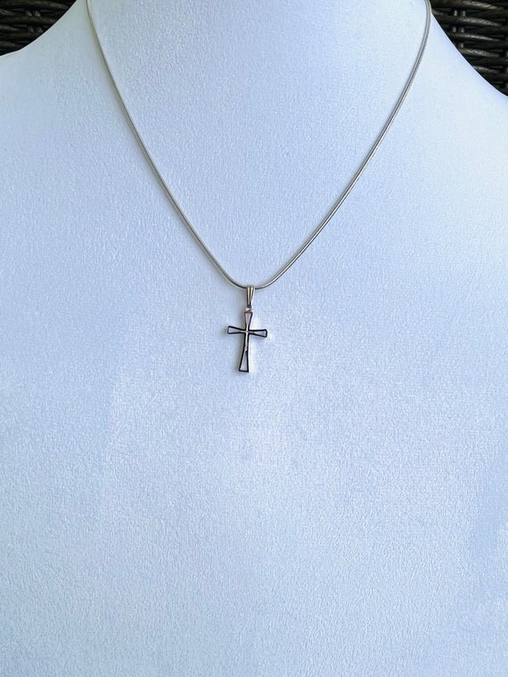 Vintage cross, small dainty 7/8" long silver plat… - image 3