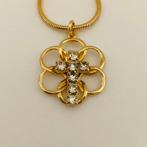 Vintage gemstone cross, religious cross, gold plated pendant with cubic zirconium stones, 7/8&quot; pendant with a gold filled snake chain