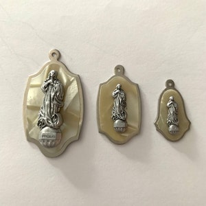 Virgin Mary medallion, Immaculate Mary medallion, Vintage Patron Saint religious pendant, German made celluloid pendant