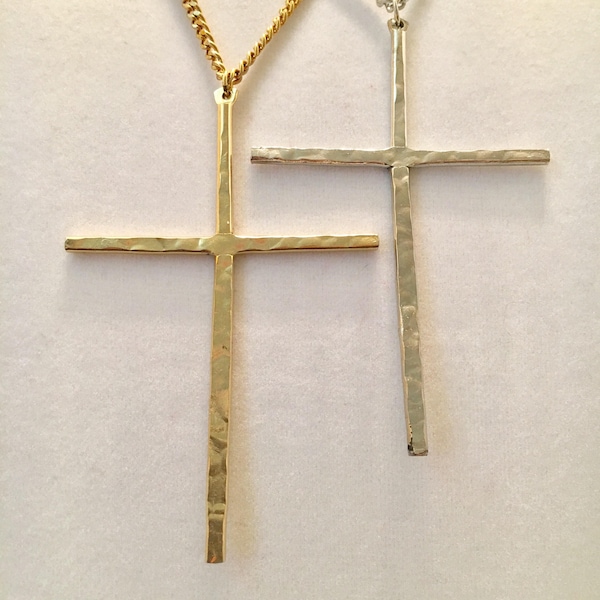 Hammered finish cross, long skinny three inch gold or silver plated hammered cross with a 24" long gold or silver link chain.