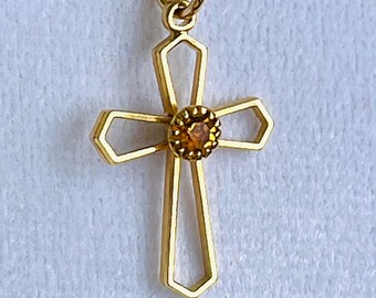 Vintage birthstone gold cross, dainty one inch long gold overlay cross with a new gold filled snake chain