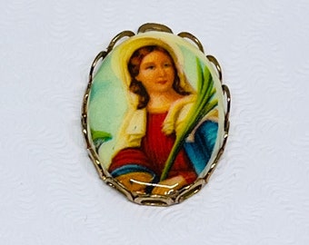 Saint Lucia, Saint Lucy, Lucia of Syracuse, Vintage religious celluloid medallion, 3/4" pendant with a gold filled snake chain