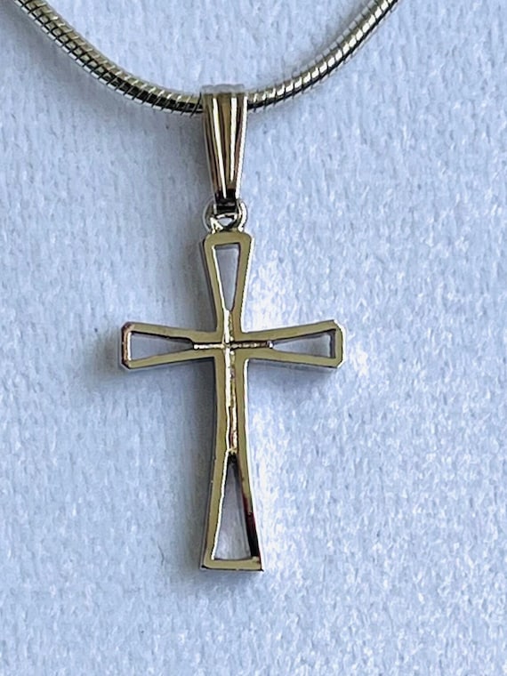 Vintage cross, small dainty 7/8" long silver plat… - image 1