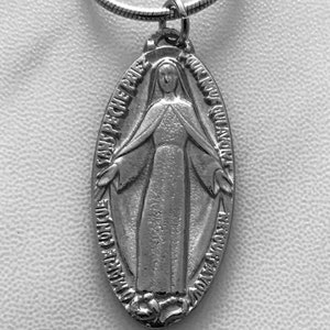 Vintage Miraculous Medal, Marian Medal, religious medallion, Virgin Mary pendant, 1 3/8&quot; lg silver rhodium plated medallion and snake chain