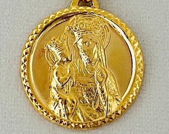 Saint Anne medallion, St Anne de Beaupre religious pendant, vintage gold plated 1 1/4" diameter pendant with a 14k gold plated rope chain