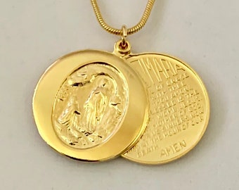 Ave Maria prayer locket, Hail Mary prayer locket, Christian prayer pendant, 1 1/16" gold plated pendant with a 14k gold plated snake chain