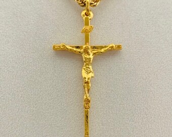 Crucifix, Christian crucifix, large 2 1/8” 14k gold plated crucifix, extremely detailed, comes with a 14k gold plated French rope chain