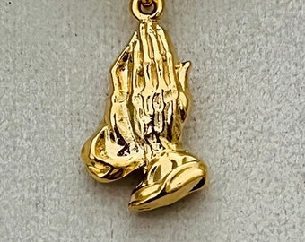 Praying Hands pendant, ladies layering necklace, 1 1/4" lg gold plated pendant with a gold filled snake chain