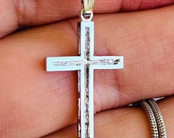 Vintage child's cross, ladies layering cross necklace, small one inch long silver rhodium plated cross with a silver plated snake chain