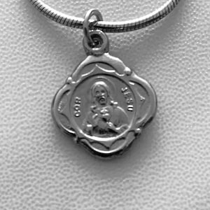 Vintage Sacred Heart necklace, small rhodium plated religious pendant, 5/8&quot; medallion with a rhodium plated snake chain