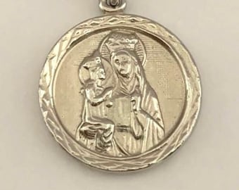 Vintage Saint Anne religious medal, Patron Saint, religious medallion, 3/4" rhodium pendant with a silver rhodium plated snake chain