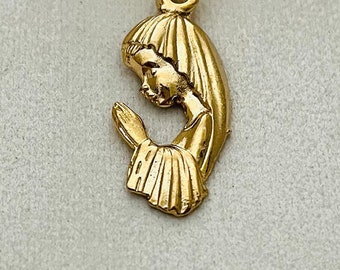 Vintage Praying Madonna pendant, Marian Medal, ladies layering necklace, 1 1/4" lg gold plated pendant with a gold filled snake chain