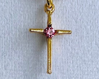 Vintage birthstone cross, gold overlay cross with pink gemstone, October birthstone cross, small 7/8" lg cross with gold filled snake chain