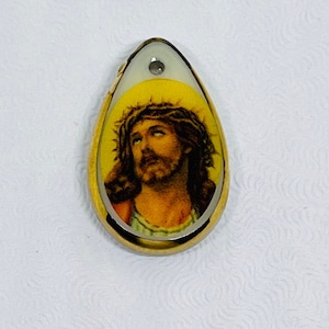 Vintage acrylic religious pendant, Jesus Christ crucifixion medallion, white acrylic medallion