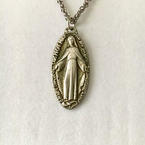 Vintage Miraculous medal, Marian Medal French religious pendant, antique silver finish pendant, religious medallion, 1 3/8&quot; lg w/ 24&quot; chain