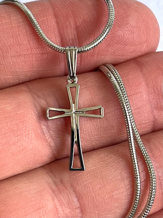 Vintage cross, small dainty 7/8" long silver plat… - image 5