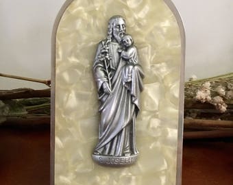 Vintage religious table shrine, Saint Joseph and Jesus pendant, German made celluloid on chrome backing table shrine, 4 1/4" long