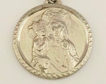 Vintage Saint Anne medallion, St Anne de Beaupre religious pendant, 1 1/4" silver rhodium plated pendant and snake chain