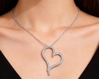 Large Diamond Heart Pendant | Handmade 18k White Gold Necklace