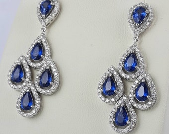 4.31 CT weight natural Ceylon sapphire earrings and 1.32 CT weight natural diamonds chandelier earrings, 18k white gold dangle earrings