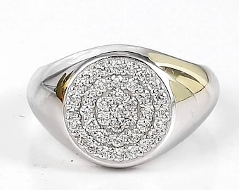 Pave Diamond Signet Ring, Unisex 14K White Gold Pinky Ring