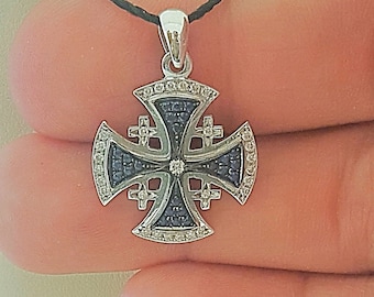 Jerusalem cross necklace | sapphire and diamond cross pendant | Handmade Christian jewelry | White gold diamond cross | Israel jewelry