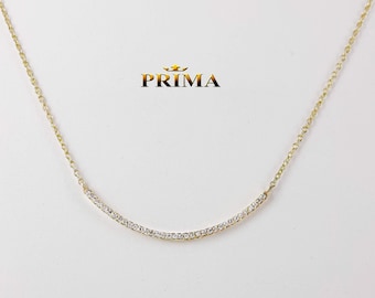 14k Gold Diamond Bar Necklace, Curved Smile Pendant, Handmade