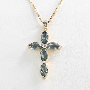 Marquise sapphire cross necklace Light green sapphire cross pendant Handmade cross Unique religious jewelry 18k gold cross holiday gift