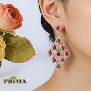 Ruby Teardrop Chandelier Earrings • 18k White Gold, Diamond Halo