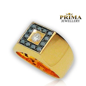 14K Yellow Gold Black Diamond Signet Ring - Bold Men&#39;s Wedding Band