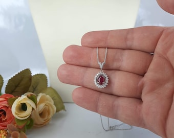 Natural ruby necklace | 18k white gold diamonds and ruby necklace | Oval red ruby pendant | Ruby halo necklace for woman | Classic necklace