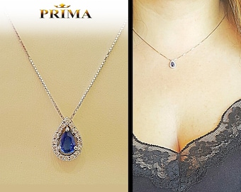 Colgante de zafiro en forma de pera con diamantes en oro blanco de 14 quilates – Collar con la piedra de nacimiento de septiembre