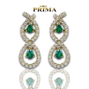 Fancy emerald earrings | 4.75 ct diamonds and 2.98 ct emerald earrings | 18k yellow gold cluster earrings | Luxury handmade earrings