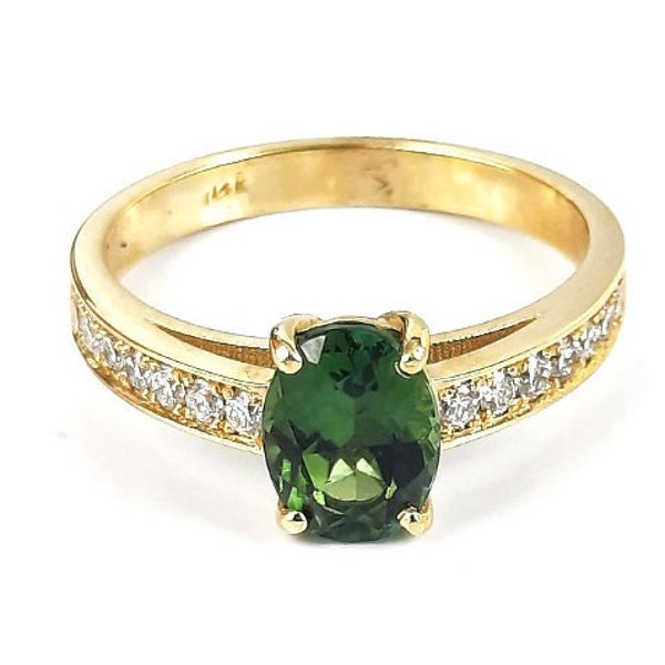 Tourmaline engagement ring | Natural green Brazilian tourmaline | solitaire oval shape gemstone and side diamonds 14k yellow gold handmade