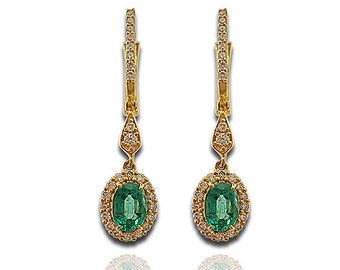 Oval emerald and diamonds dangling earrings in yellow gold, long and dangling gemstone earrings, emerald and diamond halo earrings